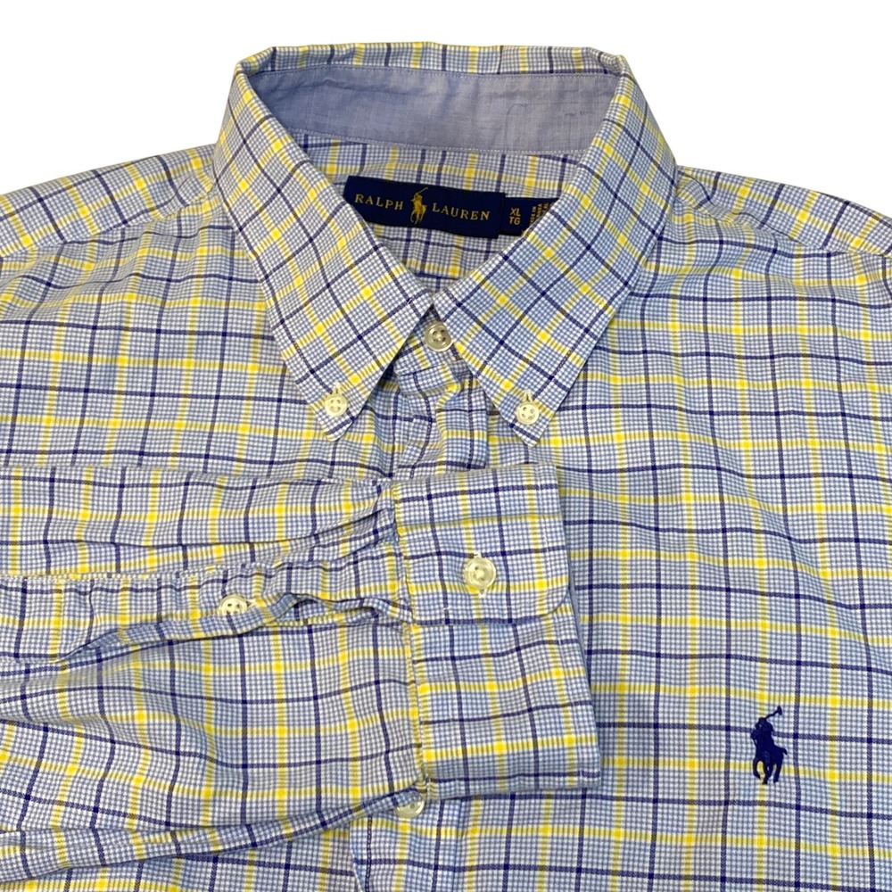 Ralph Lauren Mens XL Blue Yellow Plaid Cotton Button Down Shirt Long Sleeve Pony